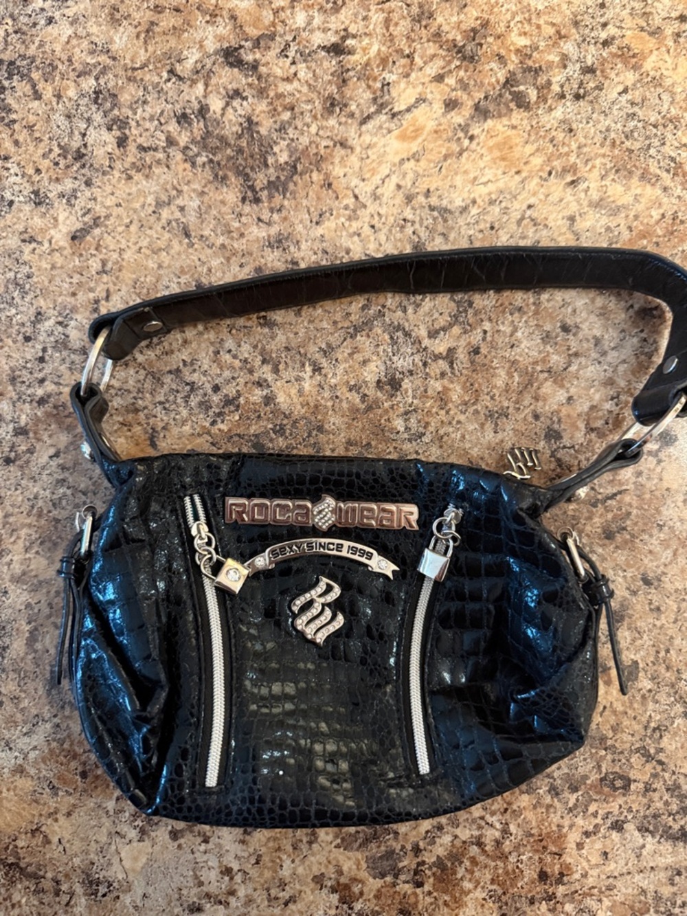 Vintage Y2K Rocawear Black Croc-Embossed Shoulder Bag with Silver Accents